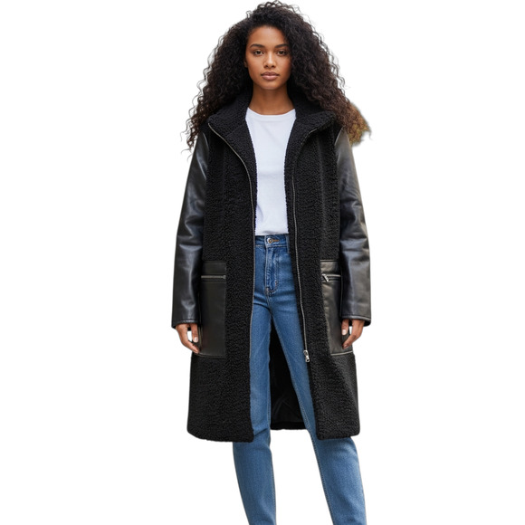 Andrew Marc Womens Teddy Sherpa Coat XXL Black Faux Leather Cozycore Jacket - Picture 1 of 12
